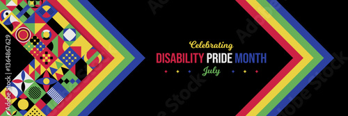 Celebrating Disability Pride Month Neo Geometric Background. July Awareness Abstract Geometric poster. Horizontal banner vector illustration. Website header, social media post, card graphic resource