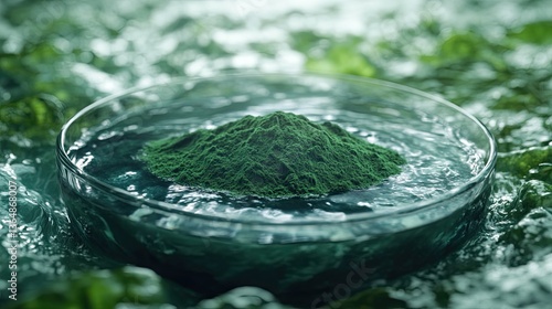 A scientific image showing green powder in a glass plate