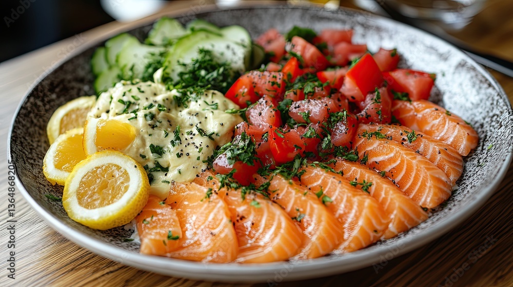 A plate of delicious sliced salmon with fresh garnishes A plate of delicious sliced salmon with fresh garnishes