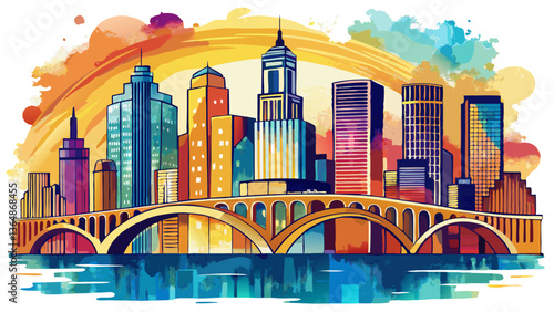 Minneapolis, Minnesota: Capturing the City's Charm in a Watercolor Skyline with the Stone Arch Bridge