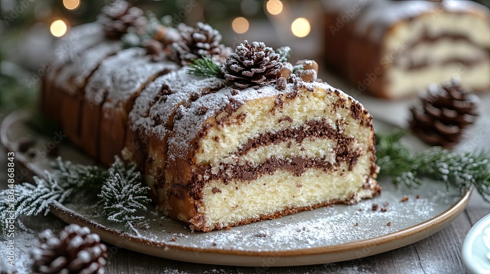 A beautifully decorated log cake with delicious creamy chocolate filling A beautifully decorated log cake with delicious creamy chocolate filling