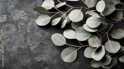 Gray eucalyptus leaves on dark background. Flat lay.  Possible use nature, botanical