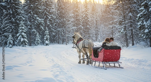 Romantic Couple Enjoying a Snowy Horse Drawn Sleigh Ride through a Winter Wonderland Forest