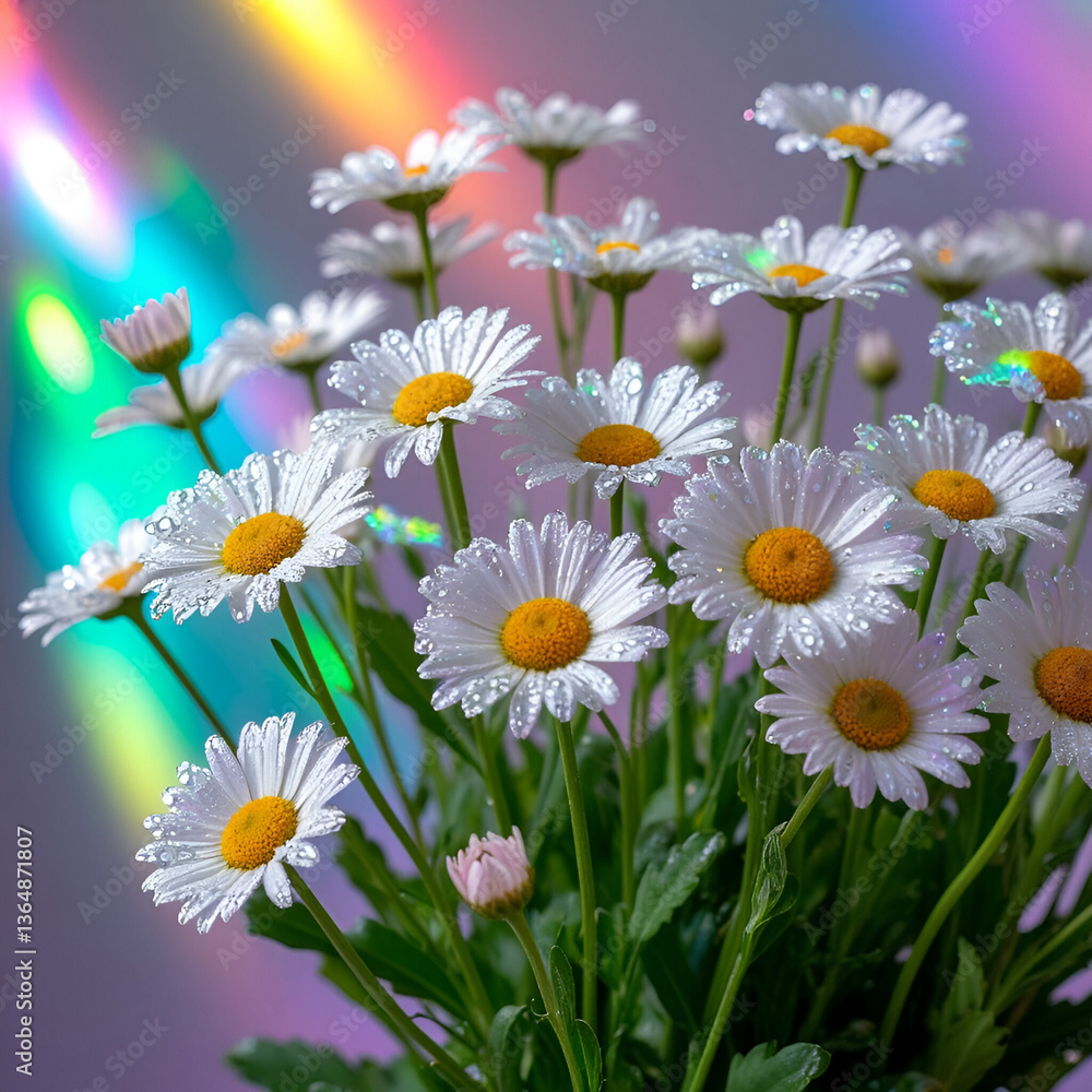 Obraz premium Fresh daisy bouquet with raindrops on colorful background 