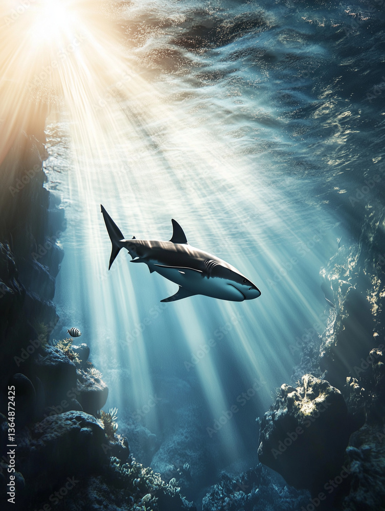 Fototapeta premium Majestic shark swimming in sunlit ocean depths