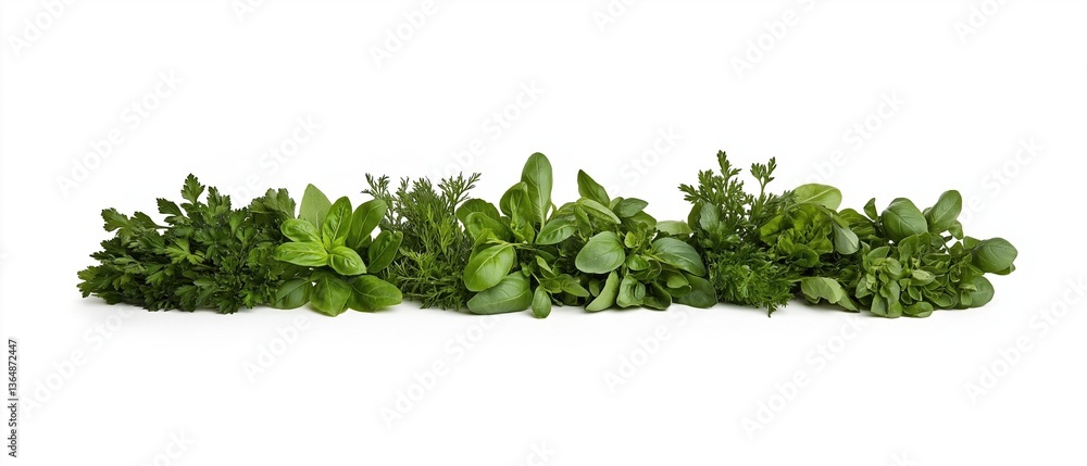 Naklejka premium Group of fresh green herbs arranged in a horizontal line on a white background. the herbs appear to be a mix of different types of leaves, including basil, thyme, and oregano.