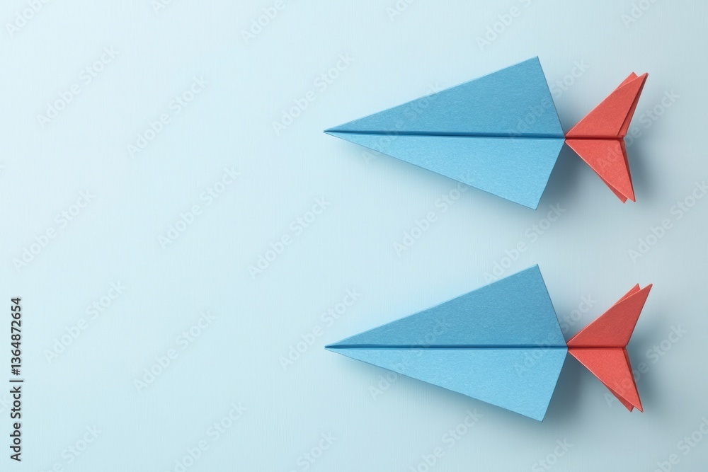 Origami Paper Airplanes with Blue and Red on Light Blue Background Symbolizing Flight Origami Paper Airplanes with Blue and Red on Light Blue Background Symbolizing Flight