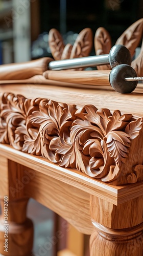 Carved wood detail of table in workshop with tools sitting on top