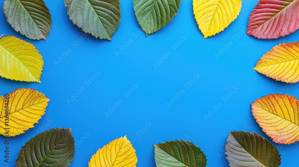 Obraz premium Colorful autumn leaves frame on blue background; flat lay, ideal for nature, fall, or seasonal design