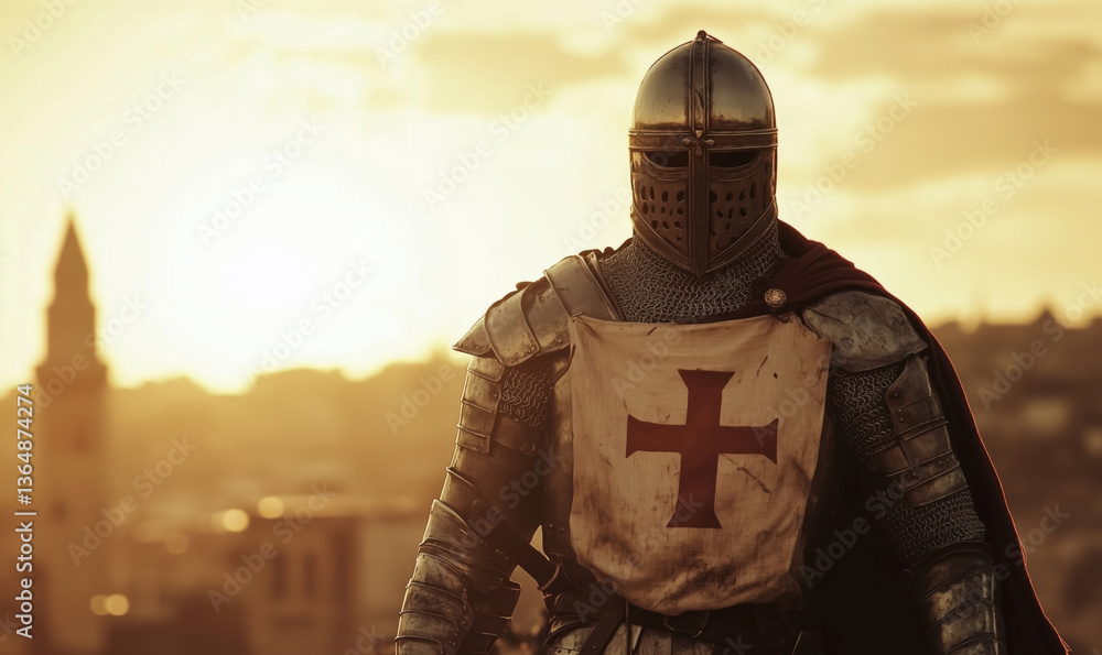 Knight in armor with cross emblem, sunset backdrop, medieval attire, historical figure, strong presence Knight in armor with cross emblem, sunset backdrop, medieval attire, historical figure, strong presence