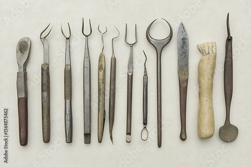 Wallpaper Mural Antique dental tools laid out on a light surface.  Possible use  Dental history display, vintage medical stock photo Torontodigital.ca