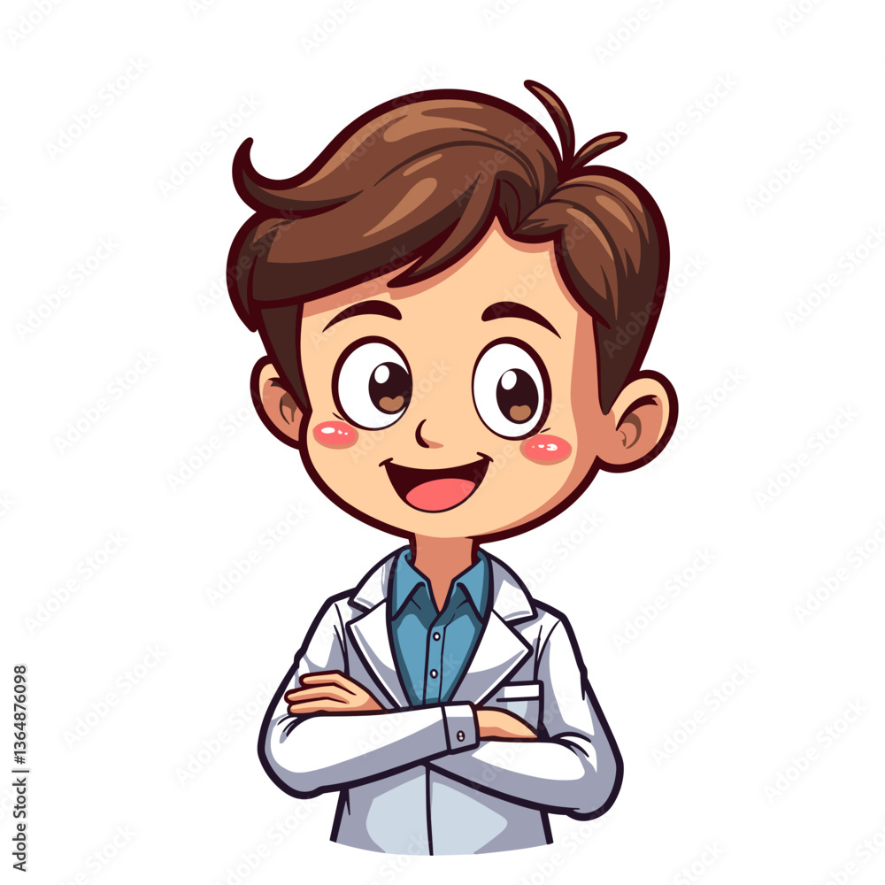 Cartoon male professional with crossed arms smiling confidently on white background Cartoon male professional with crossed arms smiling confidently on white background