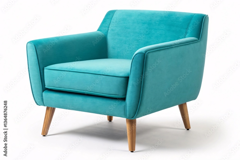 A teal velvet armchair, inviting comfort and mid-century modern style with light wood legs against a bright white backdrop.