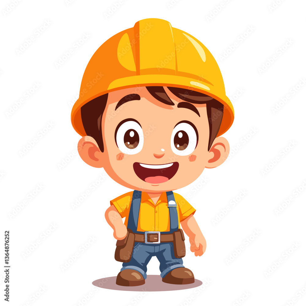 Cartoon smiling boy in hard hat with confident expression on white background Cartoon smiling boy in hard hat with confident expression on white background