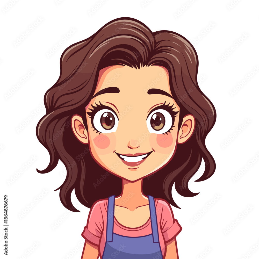 Cartoon woman with wavy hair smiling gently on white background Cartoon woman with wavy hair smiling gently on white background