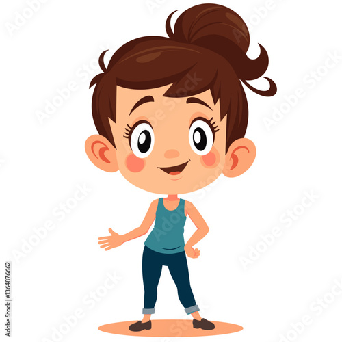 Cartoon girl in sportswear with confident look on white background