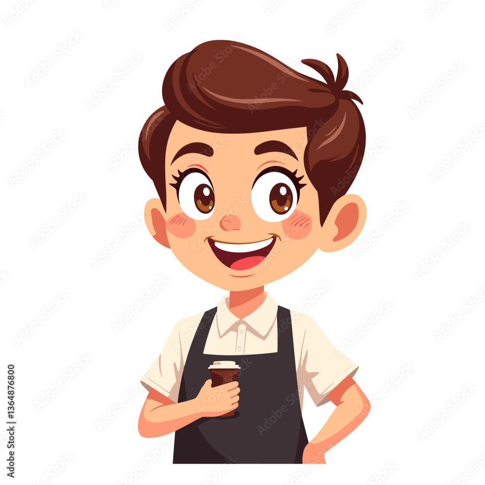 Cartoon barista boy holding coffee cup smiling confidently on white background Cartoon barista boy holding coffee cup smiling confidently on white background