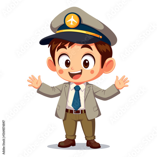 Cartoon pilot man with arms raised in excitement on white background