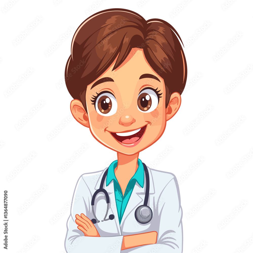 Cartoon female doctor smiling with arms crossed on white background Cartoon female doctor smiling with arms crossed on white background