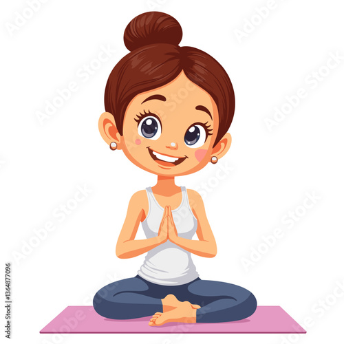 Cartoon girl doing yoga in meditation pose on mat on white background