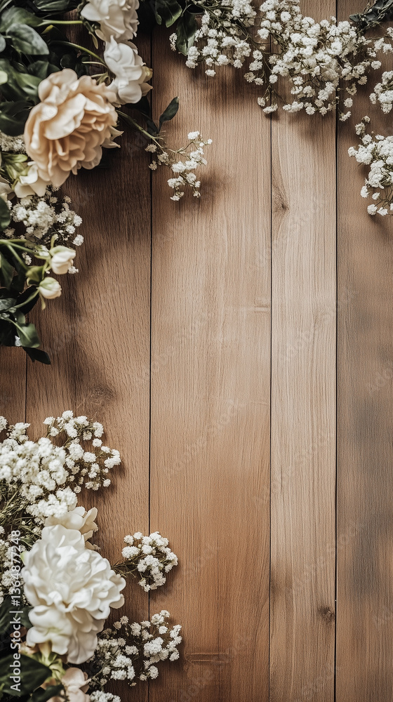 Minimalist Flatlay with Brown Wooden Floor and Cream Flowers on the Edges Minimalist Flatlay with Brown Wooden Floor and Cream Flowers on the Edges