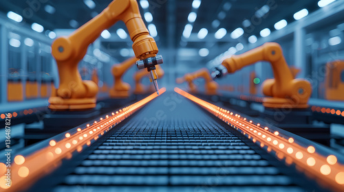 Wallpaper Mural A futuristic factory environment featuring robotic arms engaged in automated production along illuminated conveyor belts. Torontodigital.ca