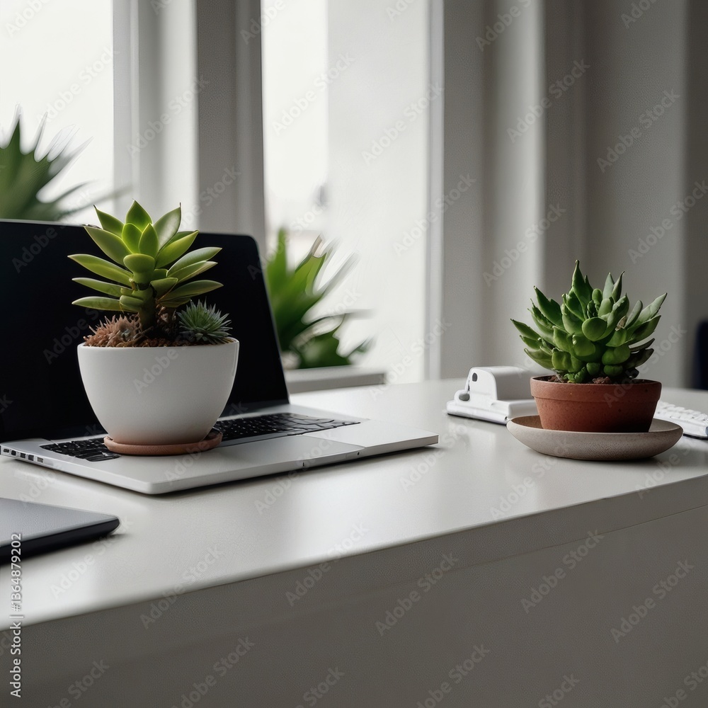 Fototapeta premium A clean white desk with a laptop and a single succulent plant