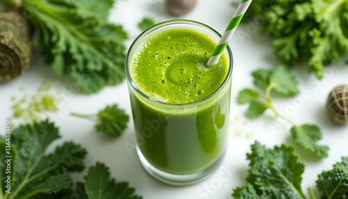 A tall glass of vibrant green smoothie, positioned slightly off-center to the right of the image, is the focal point