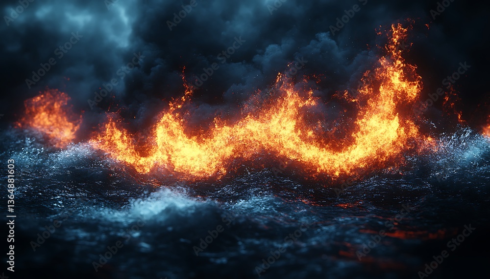 Fototapeta premium Flames Erupting Over Dark Water Under Dramatic Cloudy Skies