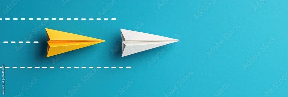 Yellow Paper Airplane Leads a White One on Teal Background in a Minimalist and Geometric Style Symbolizing Leadership Yellow Paper Airplane Leads a White One on Teal Background in a Minimalist and Geometric Style Symbolizing Leadership