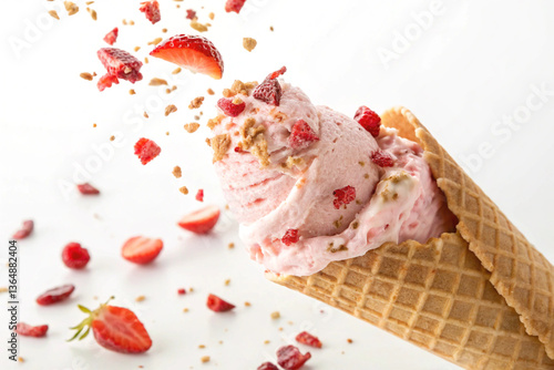 Strawberry ice cream and cone. Full of strawberries and milkiness. Rich. White background.