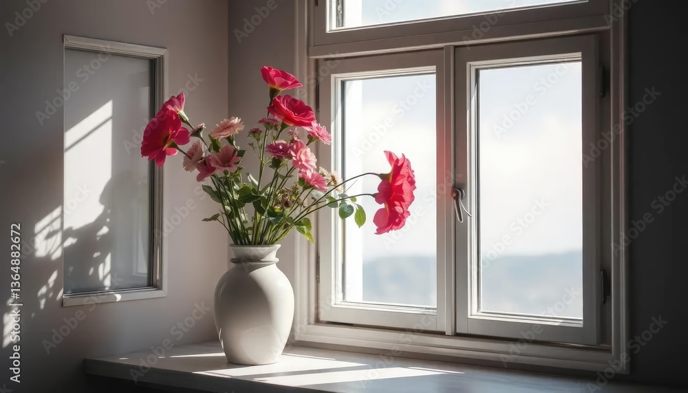 Pink flowers in a white vase by a window Pink flowers in a white vase by a window