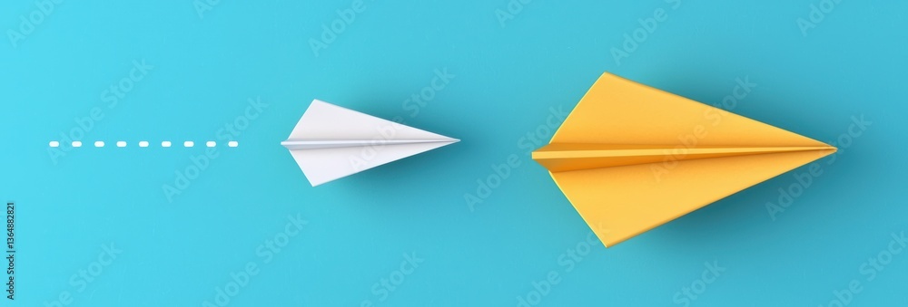 Two Paper Airplanes White and Golden On a Blue Surface Flat Lay Geometric Shapes Minimalist Design And Contrasting Colors Two Paper Airplanes White and Golden On a Blue Surface Flat Lay Geometric Shapes Minimalist Design And Contrasting Colors