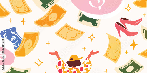 Whimsical illustration of a woman showering in an abundance of money, high heels and dollars, capturing a sense of prosperity and wealth.