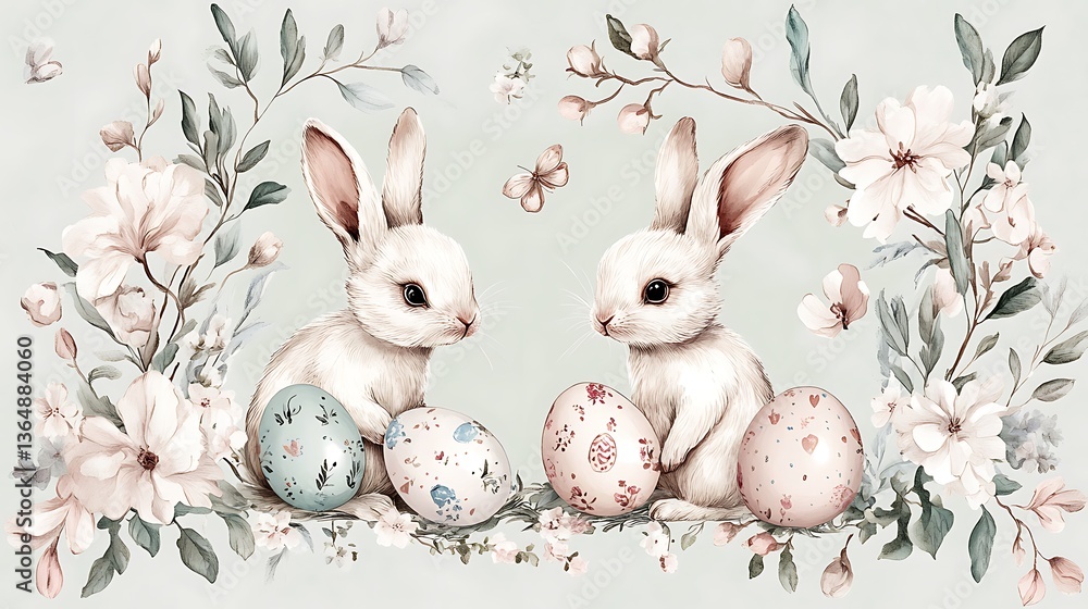 Fototapeta premium Easter bunnies with flowers, and eggs. (32)