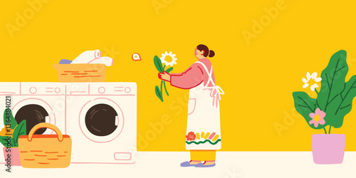 A gentle scene depicting a woman arranging flowers with laundry machines and other home accessories.