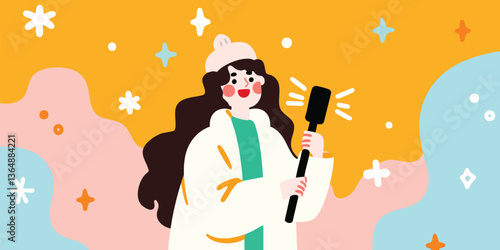 A vibrant illustration portrays a woman in winter attire recording a video with a selfie stick. A joyful and engaging representation of a digital creator.
