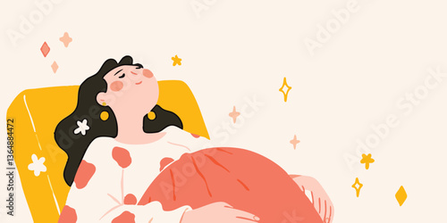 A woman relaxes in an armchair, exuding peace and joy, daydreaming in a whimsical, illustrated style. 