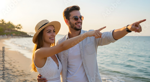 Happy couple in love point a finger somewhere on tropical beach resort in vacation. Summer holiday vacation and travel concept. Relaxing seaside scene. Summer time travel destination