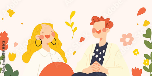 A vibrant illustration showcases two figures engaged in a lively interaction amidst a backdrop of flowers and leaves, conveying a sense of happiness and connection. 