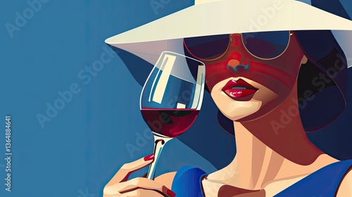Vector poster of a woman wearing a hat and holding a glass of red wine	
