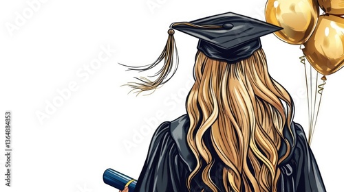 A blonde girl with long hair, wearing a black graduation gown, holds her diploma and is surrounded by gold balloons
