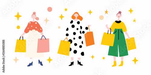 Three stylish women revel in the joy of shopping, each holding colorful bags. Set against a backdrop of playful elements, it’s an invitation to fashion and retail therapy.