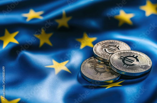Digital Euro coins on European Union flag representing virtual currency