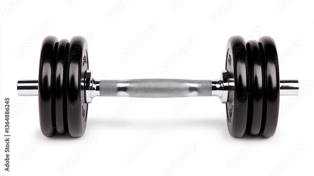 Naklejka premium A heavy dumbbell formed with sleek black weights rests horizontally on a clean, flat surface. This equipment is prepared for a strength training session, ideal for building muscle and fitness