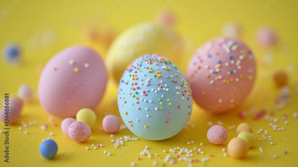 Frame made of different Easter eggs and sprinkles on yellow background Frame made of different Easter eggs and sprinkles on yellow background