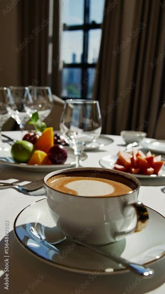 Elegant morning brunch setting with sunlit coffee and fresh fruits on table Elegant morning brunch setting with sunlit coffee and fresh fruits on table