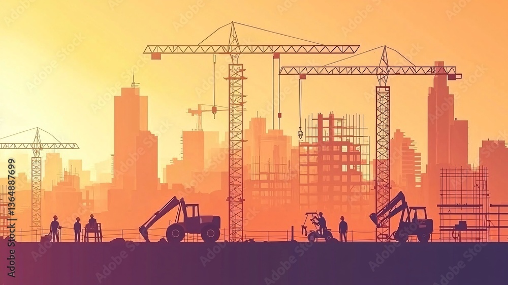 Obraz premium Skilled Workers Operating Heavy Machinery at Construction Site Sunset