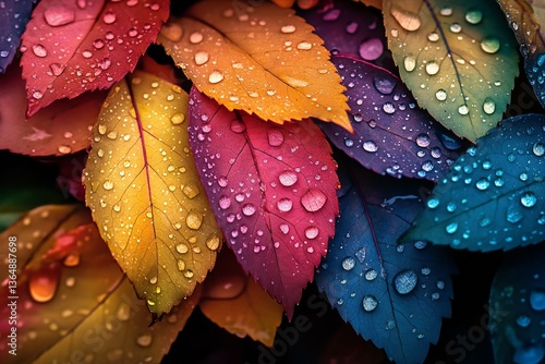 drops of dew on the colorful leaves