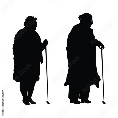 Vector silhouette of obese old age woman clipart on a white background